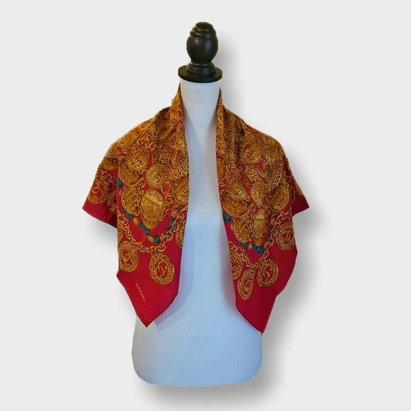 Chanel (Authentic) Red & Gold Jewel Motif 100% Silk Large 34" Vintage Scarf EUC - Picture 8 of 9